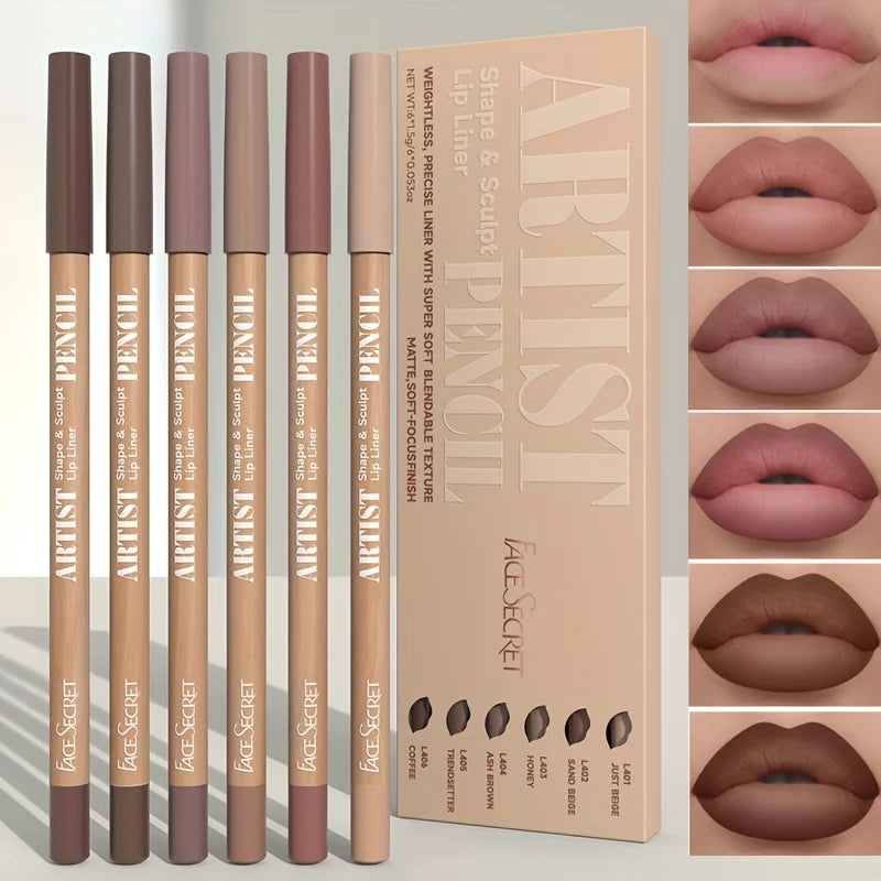 6pcs Velvet Matte Lip Liner Pencils Set Long-Lasting for All Skin Type